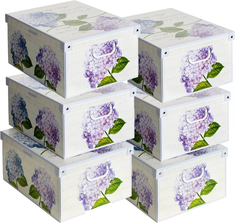 Lot de six boites de rangement en carton décor Ortensie