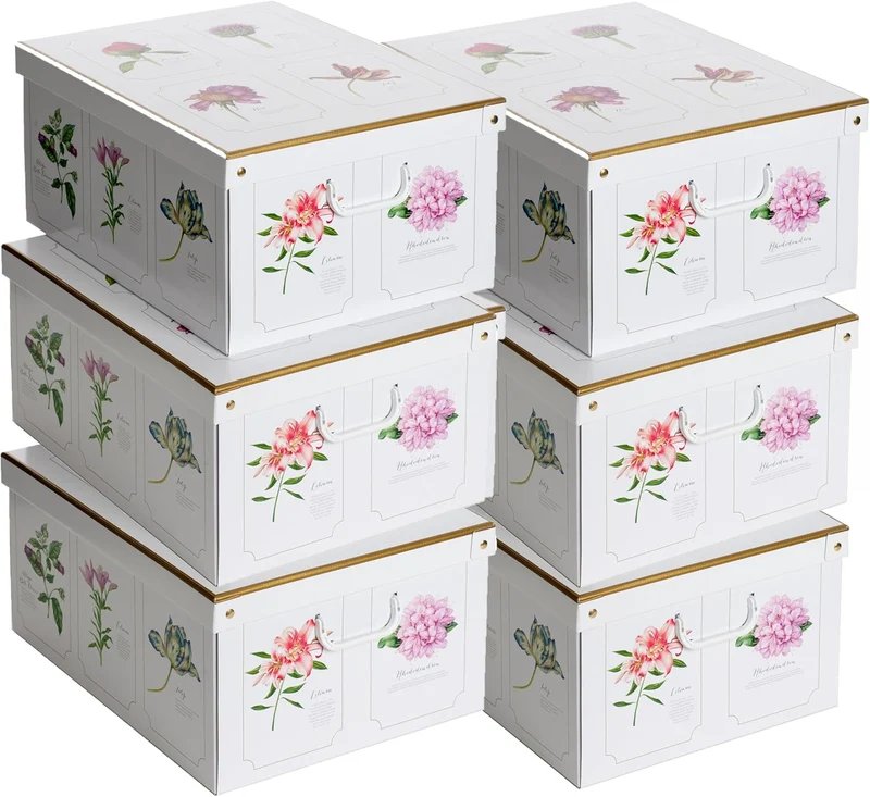 Lot de six boites de rangement en carton décor Botanic