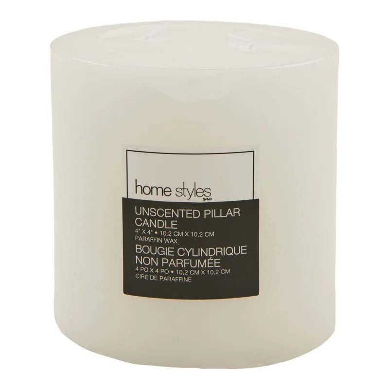 HomeStyles Pillar Candle, Unscented, White, 4-in x 4-in.