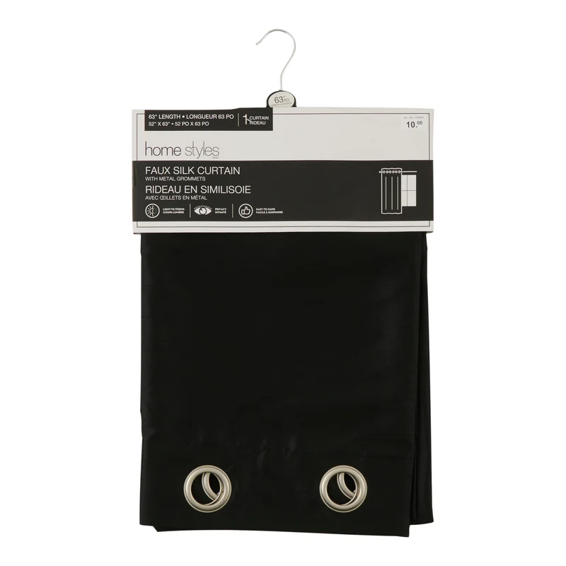 HomeStyles Faux Silk Curtain, Black, 52-in x 63-in.