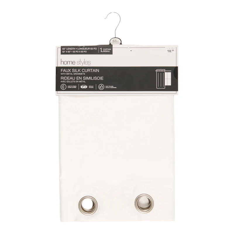 HomeStyles Faux Silk Curtain, White, 52-in x 63-in.