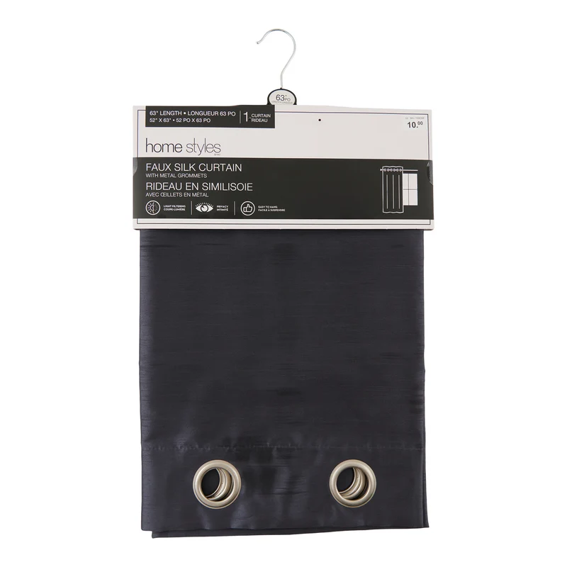 HomeStyles Faux Silk Curtain, Dark Grey, 52-in x 63-in.