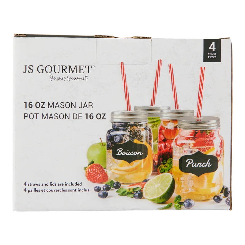 JS Gourmet Mason Jar Glasses With Straws, 16-oz, 4 Pack