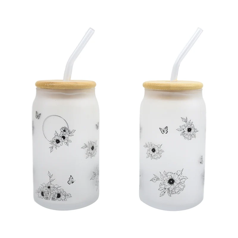 Flower Print Glass With Straw, 2 Piece