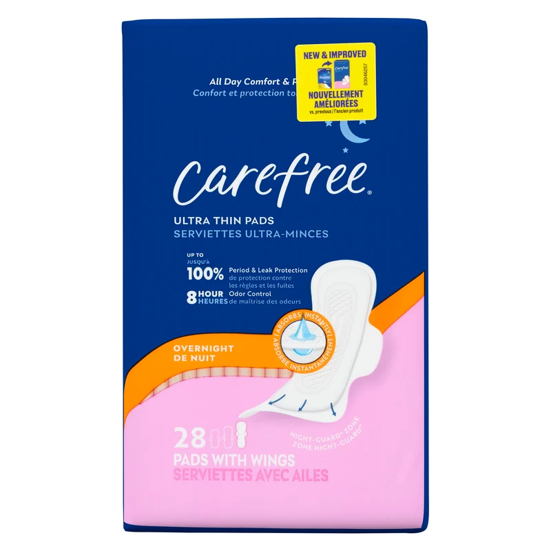 Carefree Ultra Thin Pads Overnight Pads with Wings, 28-Pack