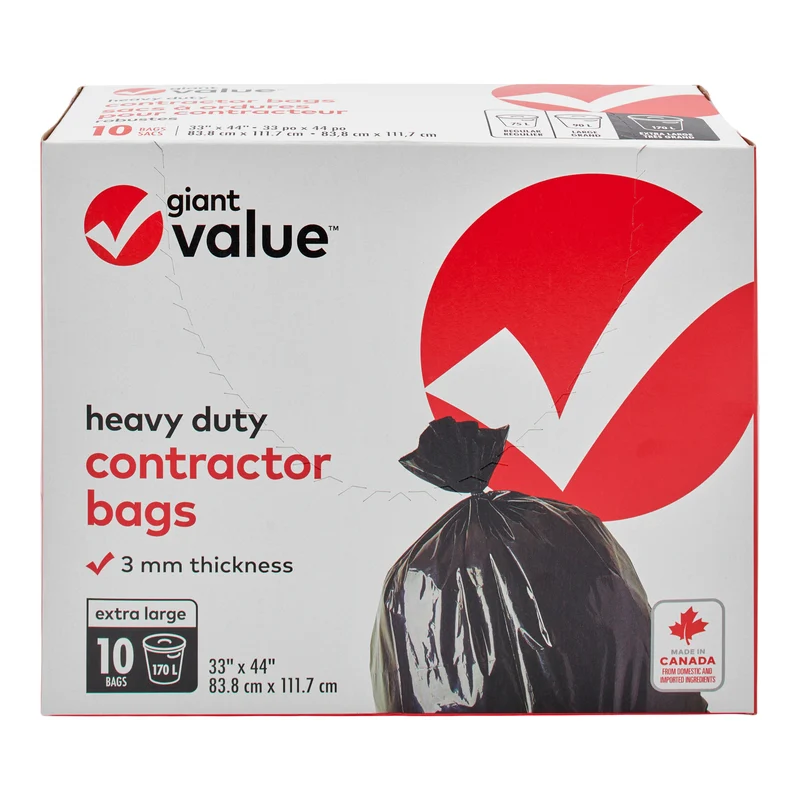 Giant Value Heavy Duty Contractor Garbage Bags, Black, 170 L, 10-Pack