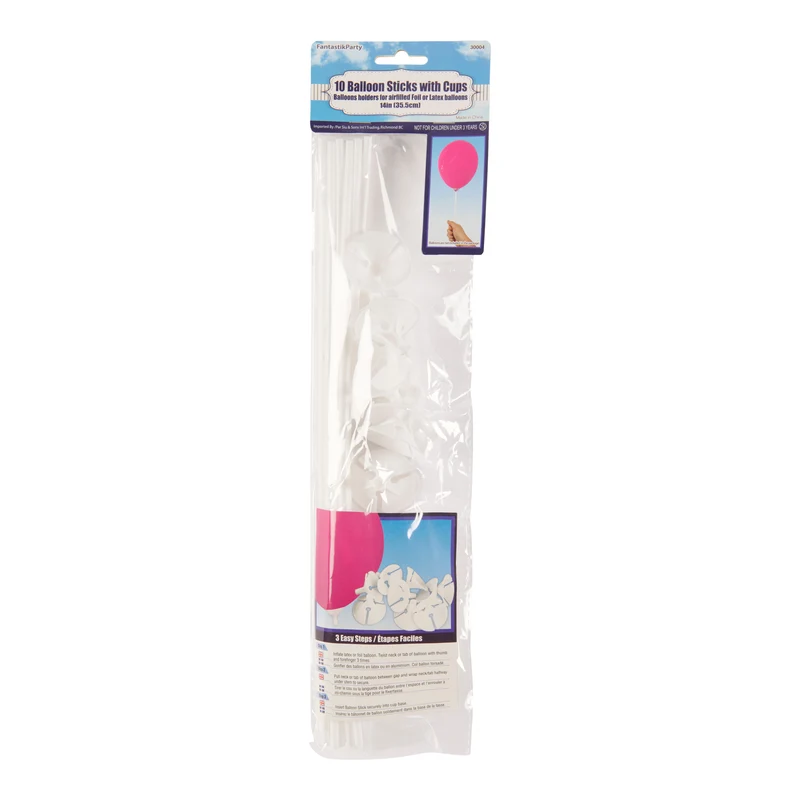 Balloon Sticks and Cups, White, 10-Pack