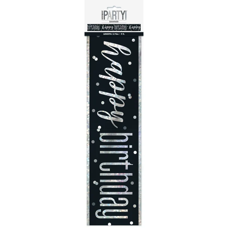 Unique Glittery Birthday Banner, Black and Silver, 9-ft