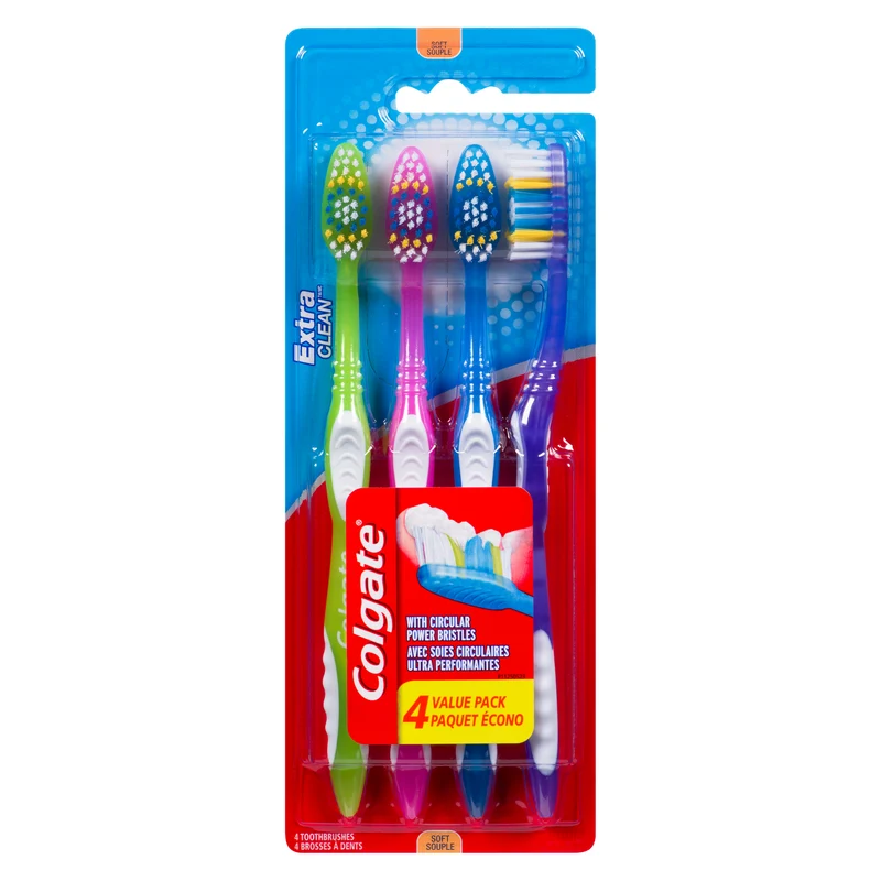 Colgate Extra Clean Soft Toothbrush with Circular Power Bristles, Assorted Colours, 4-Pack