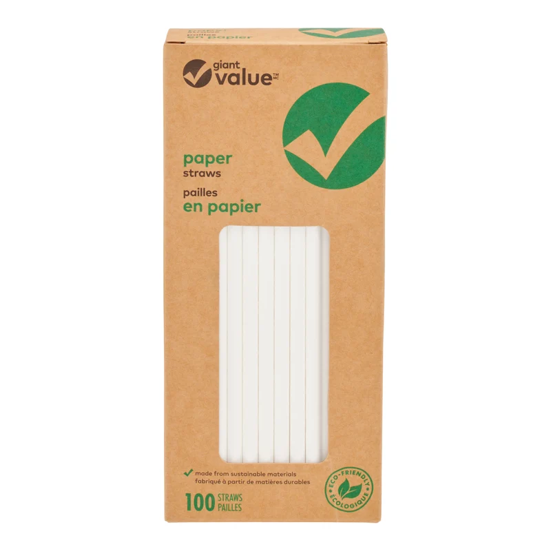 Giant Value 4-Ply Biodegradable Paper Straws, 7.7-in x 0.2-in, White, 100-Pack