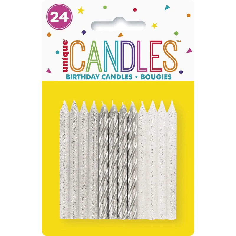 Unique Glitter/Silver Spiral Birthday Candles, 24-Pack