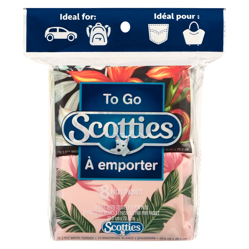 Scotties to Go 3 Ply White Tissues Mini Pack, 8-Pack