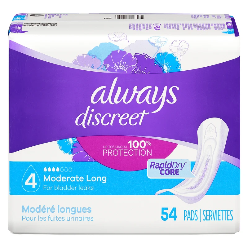 Always Discreet Regular Length Incontinence Pads, 54-Pack