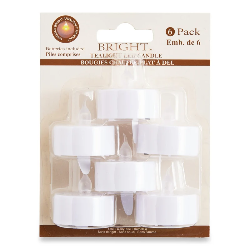 Bright Plastic LED Tealights with Battery, 1.5-in, White and Yellow, 6 Pieces