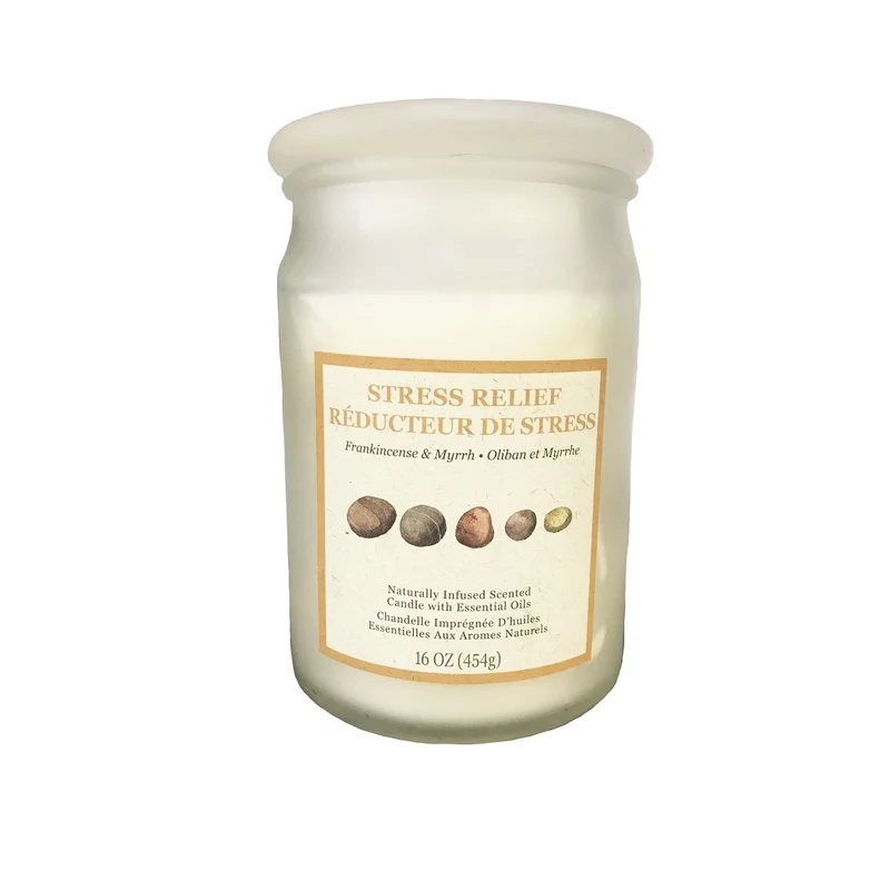 Stress Relief Frankincense and Myrrh Naturally Infused Scented Candle with Essential Oil, 16-oz, White