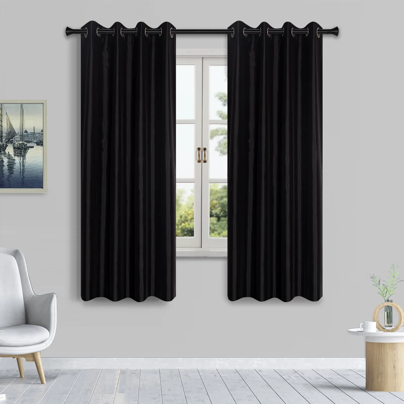 HomeStyles Faux Silk Curtain with Grommets, Black, 52-in x 63-in.