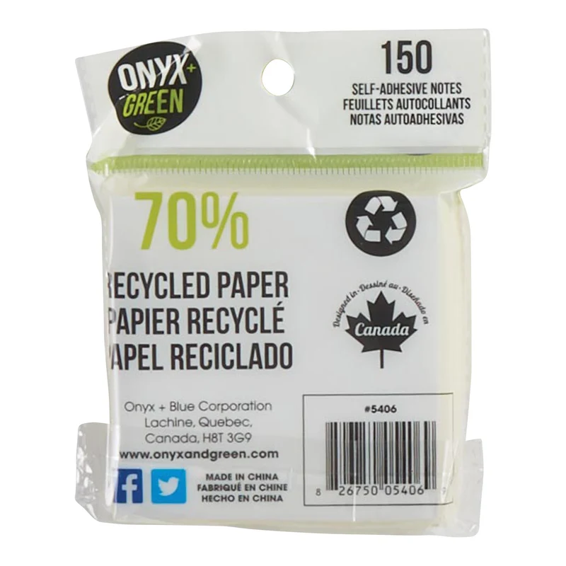 Onyx + Green Recycled Paper Self-Adhesive Notes, 3-in x 3-in, White, 150-Pack
