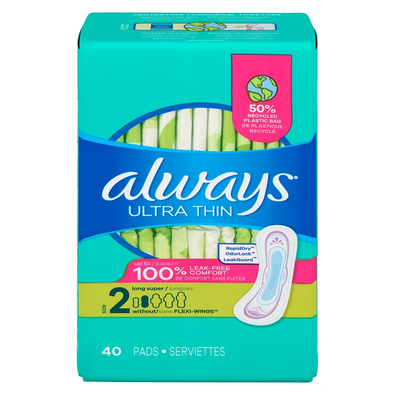 Always Ultra Thin Size 2 Long Super Pads Without Wings - 40pk.