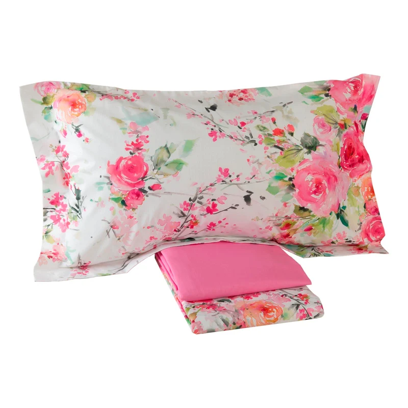 Completo Lenzuola rami di rose Floreale in Percalle