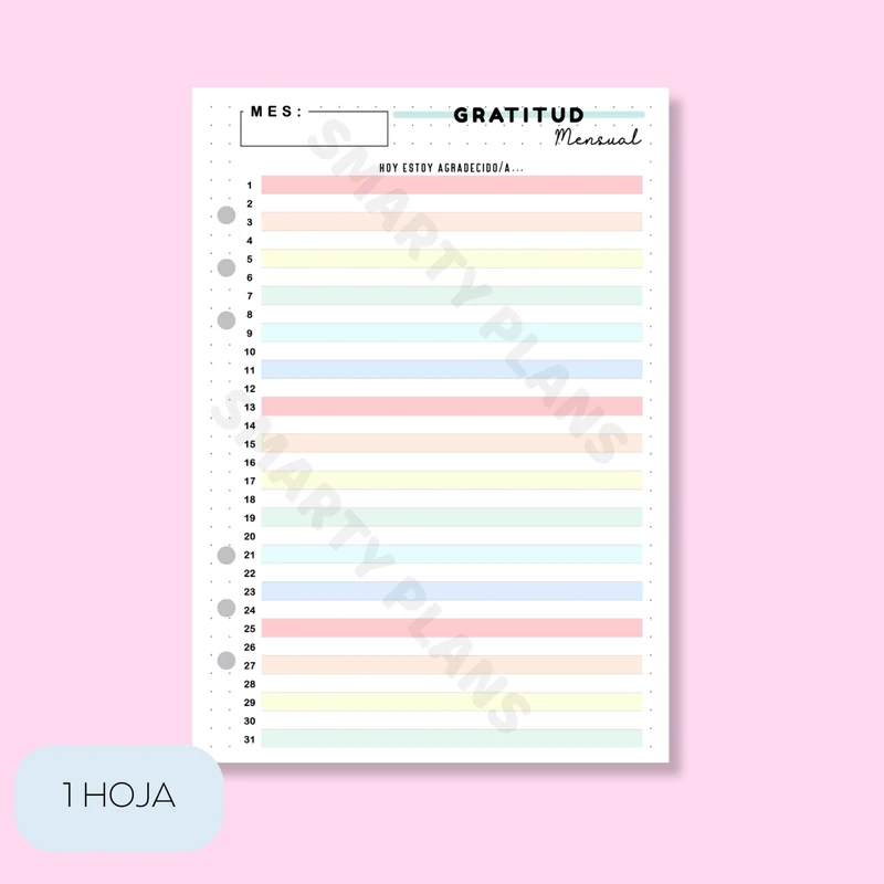 Plantilla Individual Mensual 1 Linea al Día - Gratitud