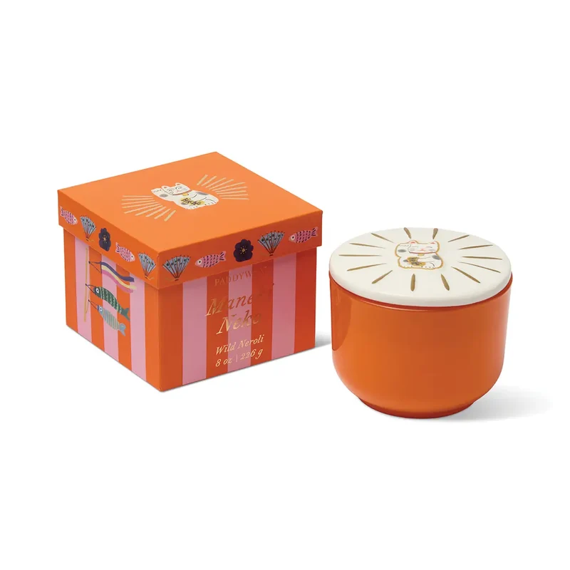 Bougie CHARMED - verre orange / Chat Maneki-neko