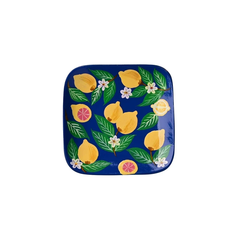 Assiette décorative carrée en bois de manguier – motif citrons