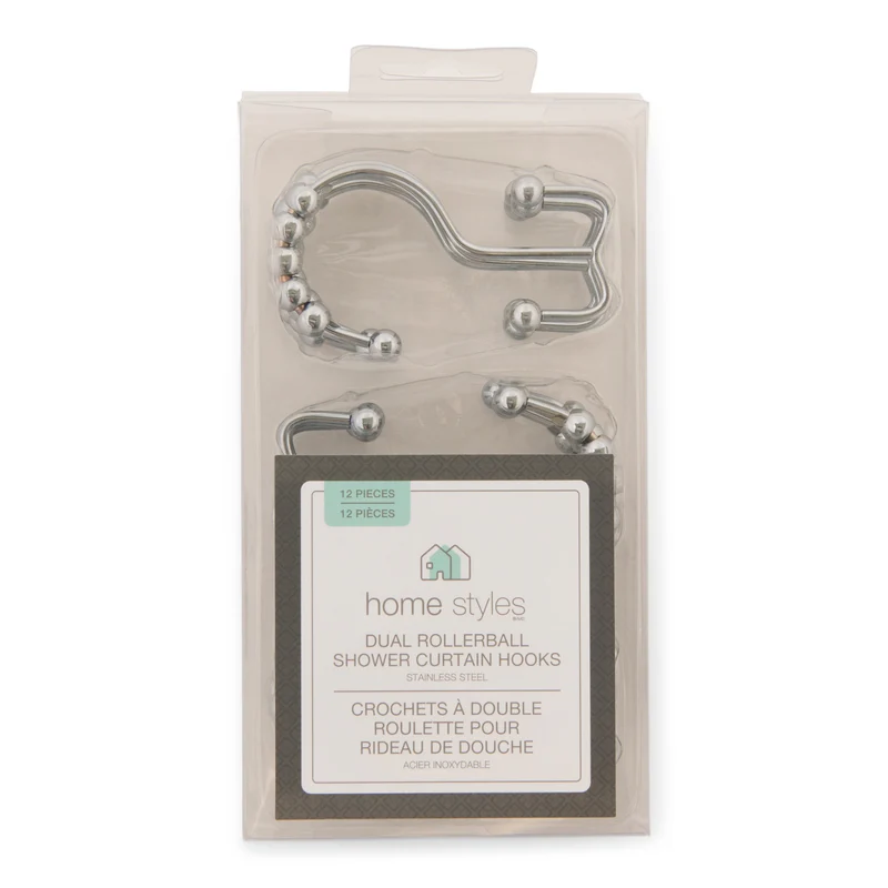 HomeStyles Dual Rollerball Shower Curtain Hooks, Silver, 12 Pack