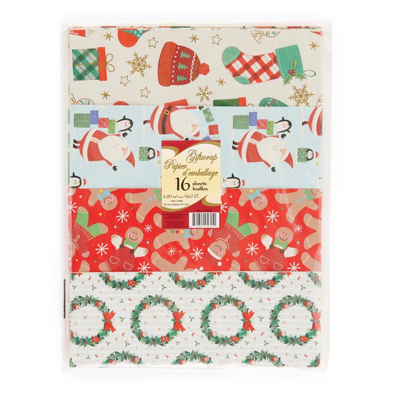 Holiday Gift Wrap, 30-in x 20-in,16 Pack