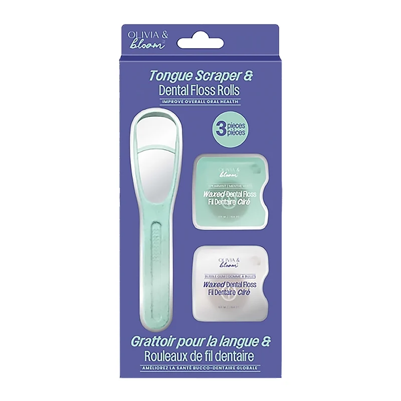 Olivia & Bloom Tongue Scraper and Dental Floss Rolls, 3-Piece