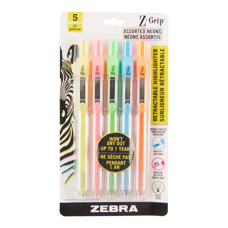 Zebra Z-Grip Retractable Highlighters, 5 Pack