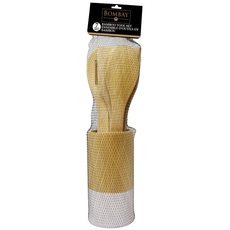 Bombay Bamboo Utensil Set In Crock, 7 Piece, Assorted