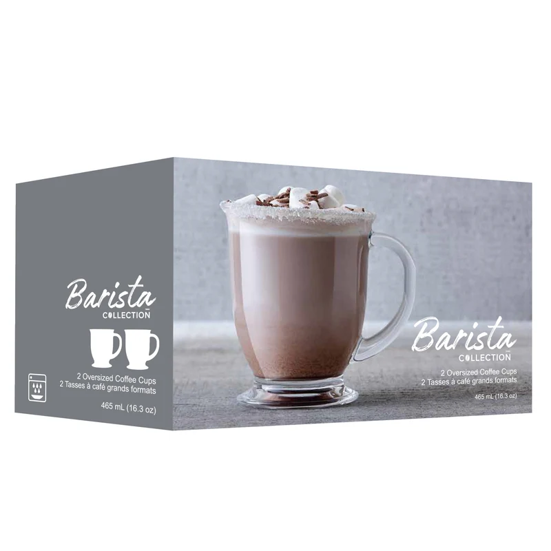 Barista Collection Oversized Glass Coffee Mugs, 2 Pack