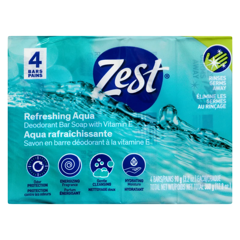 Zest Deodorant Bar Soap with Vitamin E Refreshing Aqua, 4-Bars
