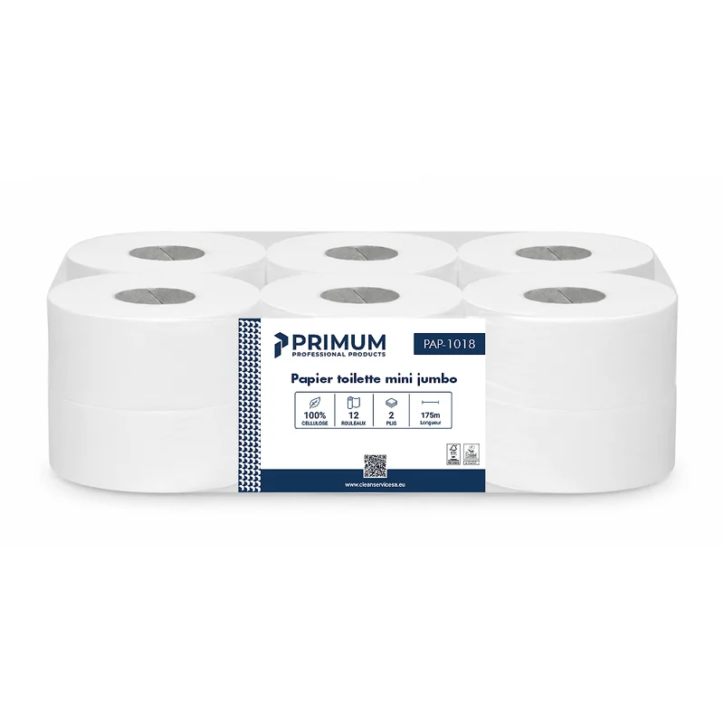 Papier toilette mini jumbo blanc (12 rouleaux) - PRIMUM