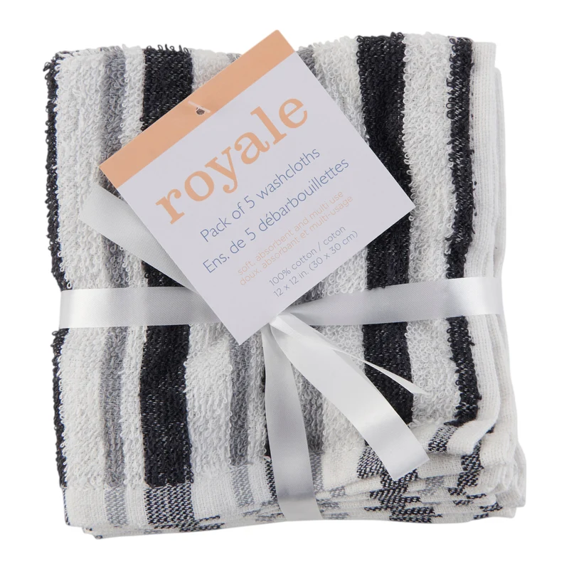 Striped Facecloths, 12-in x 12-in, 5 Pack