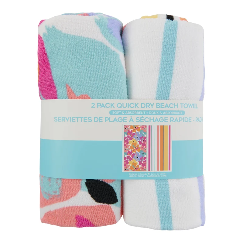 Quick Dry Beach Towels, Assorted, 27-in x 54-in, 2 Pack