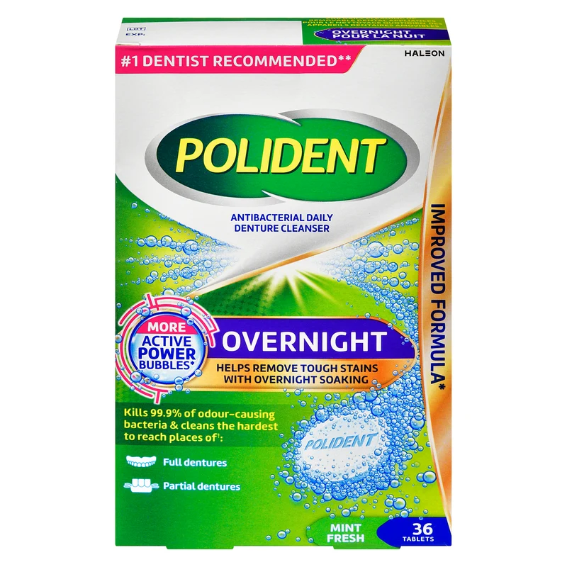 Polident Antibacterial Daily Denture Cleanser Overnight Mint Fresh, 36 Tablets