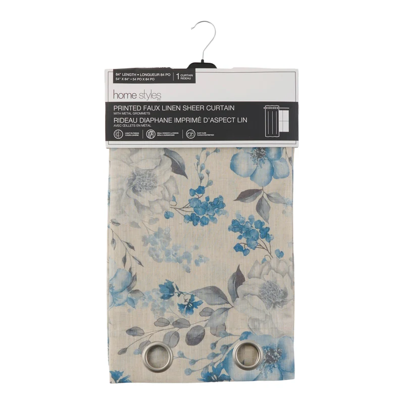 HomeStyles Printed Faux Linen Sheer Curtain with Grommets, 54-in x 84-in.