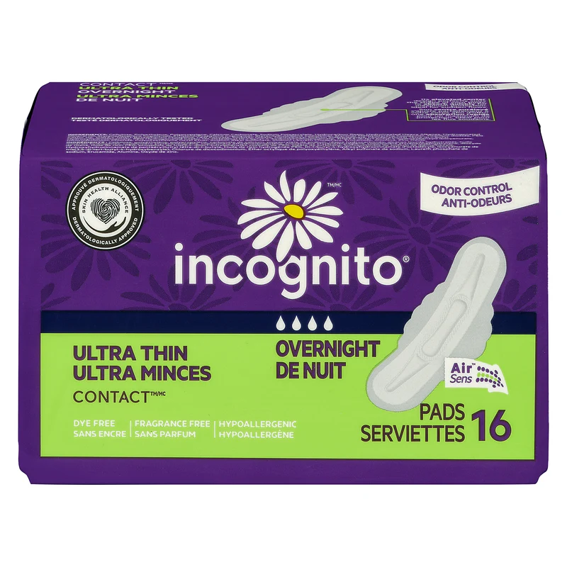 Incognito Contact Ultra Thin Pads, Overnight, 16-Pack
