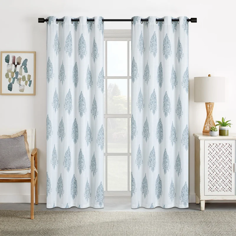 Printed Faux Linen Curtain with Grommets, 52-in x 84-in.