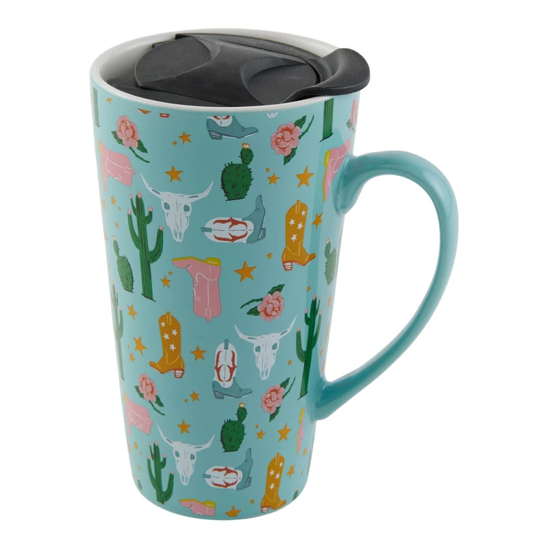 Printed Turquoise Travel Mug with Lid, 17-oz.