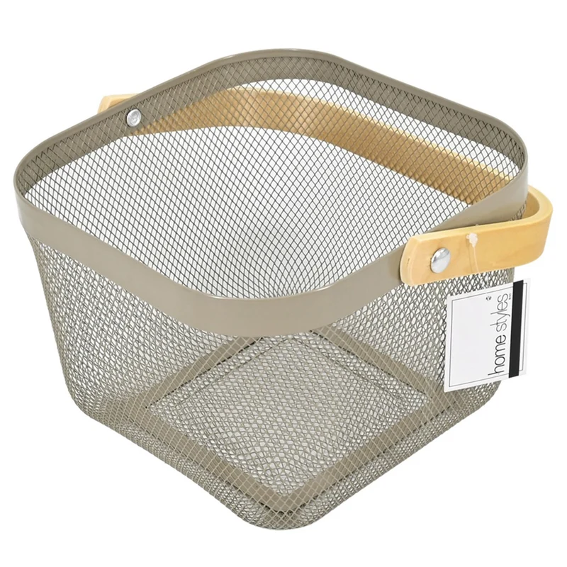 HomeStyles Wire Caddy With Wood Handle, Beige, 9.5-in x 9.5-in x 7-in.