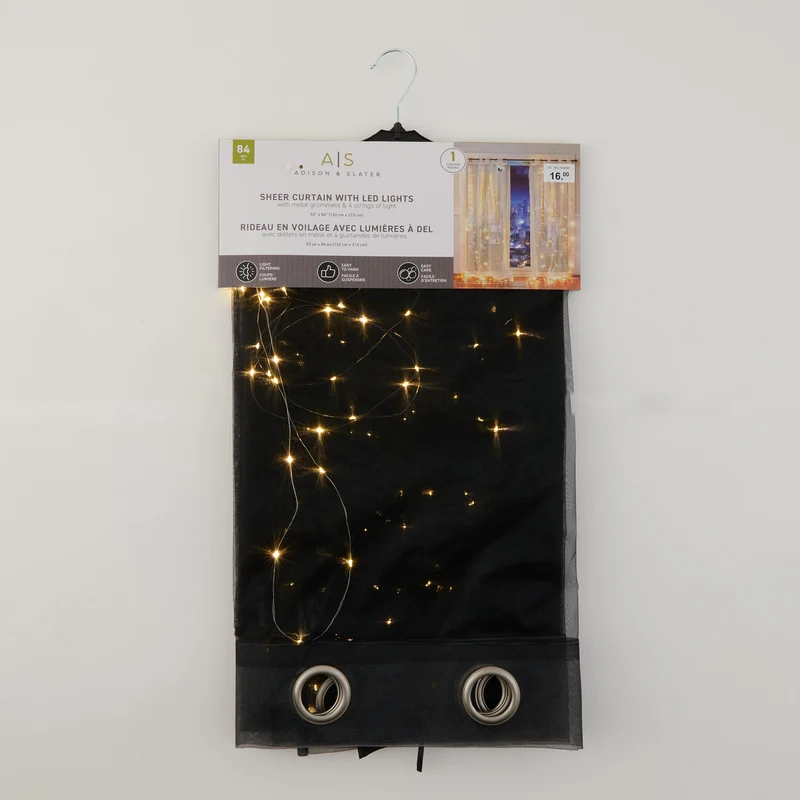 Sheer LED String Light Curtain with Grommets, 52-in x 84-in.
