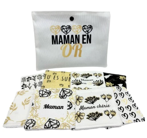 Coffret " Maman en Or" 2 -Spécial Fête des Mères - Lot de 8 lingettes lavables et sa jolie pochette