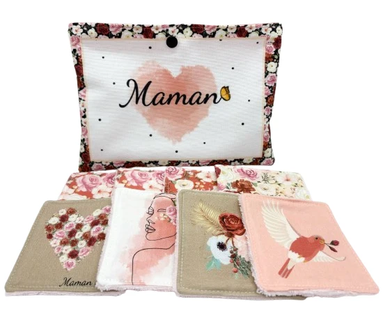 Coffret douceur " Maman" - Spécial Fête des Mères -Lot de 8 lingettes lavables + jolie pochette