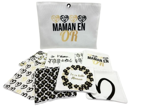 Coffret " Maman en Or " - Lot de 8 lingettes lavables et sa jolie pochette