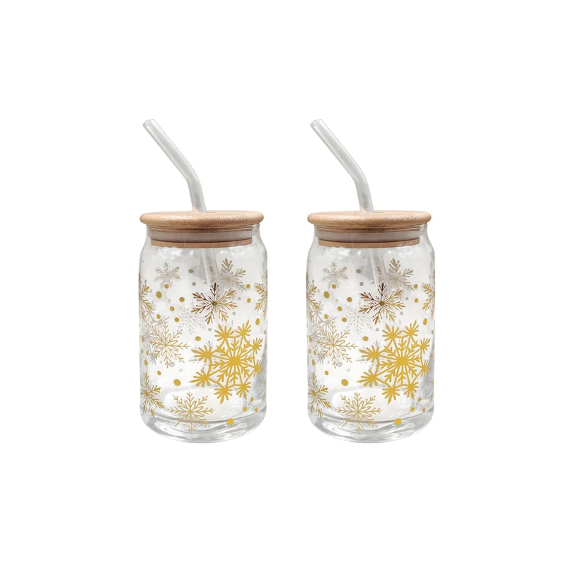 Snowflake Print Glass With Straw, 2 Piece