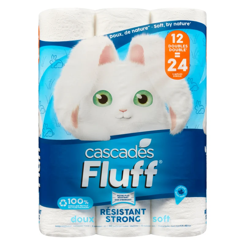 Cascades Fluff Strong and Soft Bathroom Tissues, 3.9-in x 4-in, White, 12-Pack