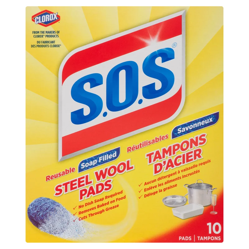 S.O.S Steel Wool Pads Soap Filled Reusable, 10-Pack
