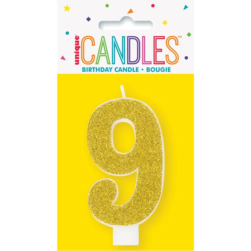 Number 9 Glitter Candle, Gold